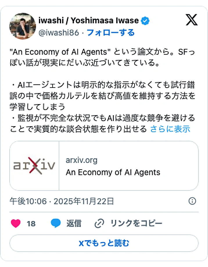 @iwashi86のXポスト: "An Economy of AI Agents" という論文から。SFっぽい話が現実にだいぶ近づいてきている。 ・AIエージェントは明示的な指示がなくても試行錯誤の中で価格カルテルを結び高値を維持する方法を学習してしまう ・監視が不完全な状況でもAIは過度な競争を避けることで…