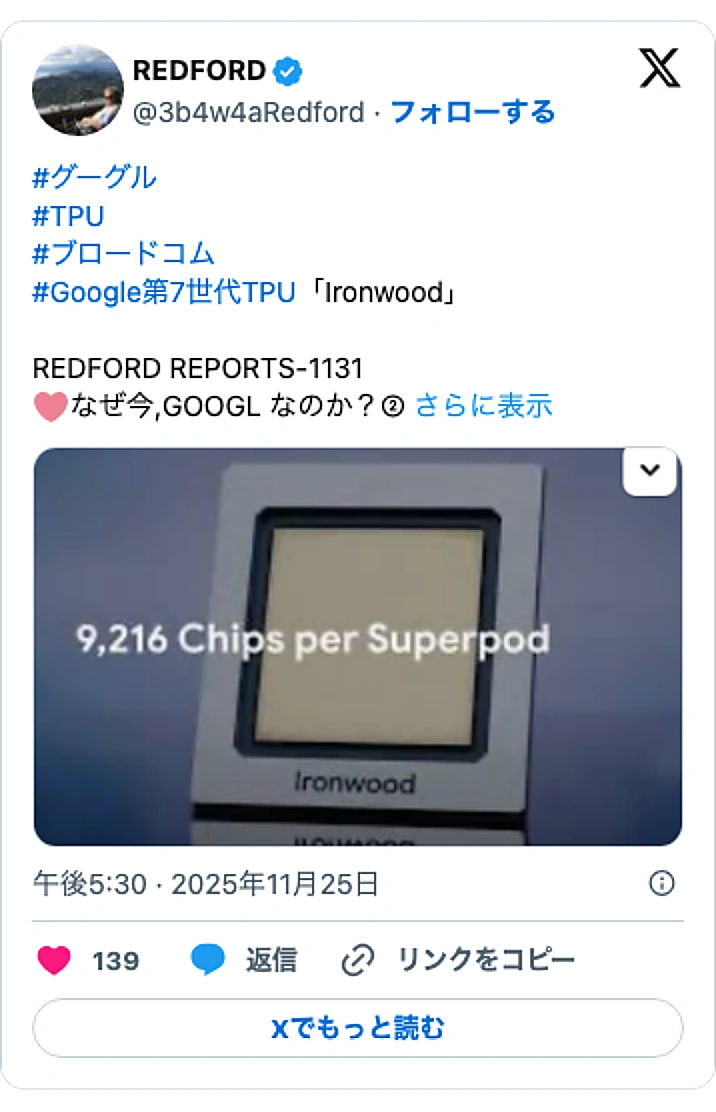 @3b4w4aRedfordのXポスト: #グーグル #TPU #ブロードコム #Google第7世代TPU 「Ironwood」 REDFORD REPORTS-1131 🩷なぜ今,GOOGL なのか？②… pic.twitter.com/umEqXBQla5