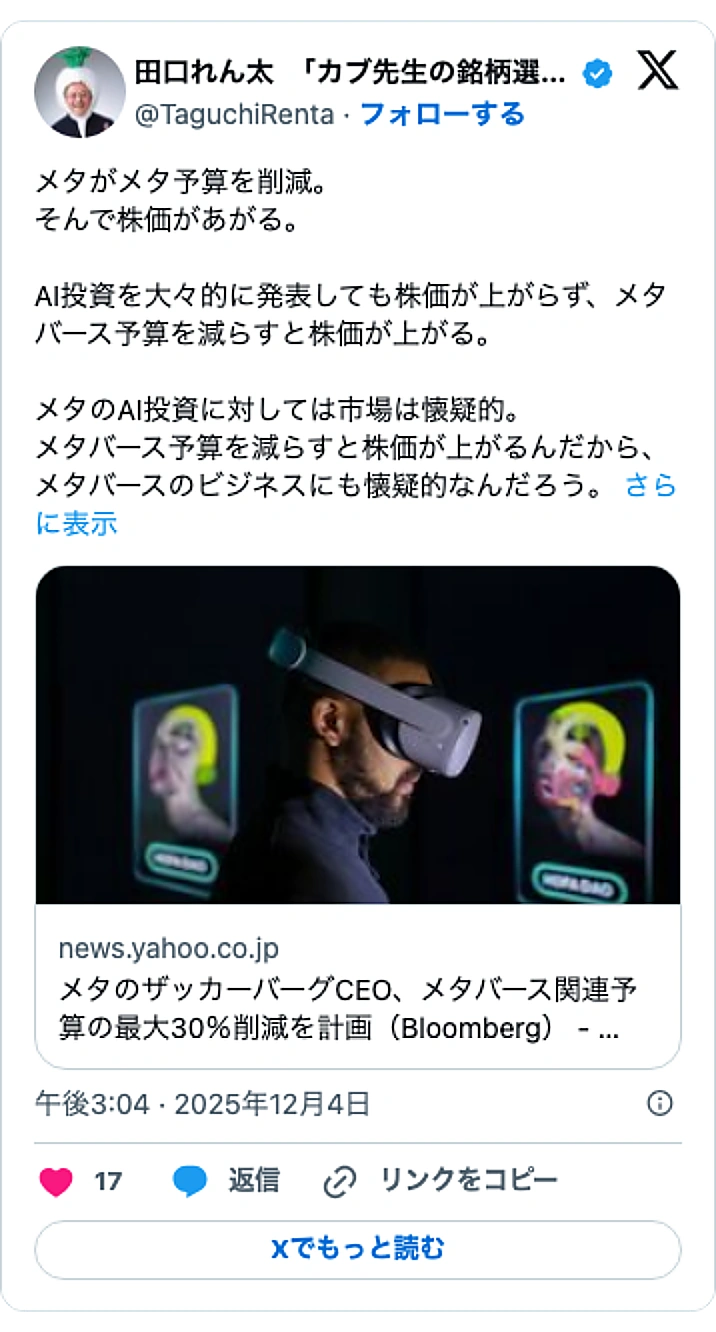 @TaguchiRentaのXポスト: メタがメタ予算を削減。 そんで株価があがる。 AI投資を大々的に発表しても株価が上がらず、メタバース予算を減らすと株価が上がる。 メタのAI投資に対しては市場は懐疑的。 メタバース予算を減らすと株価が上がるんだから、メタバースのビジネスにも懐疑的なんだろう。…