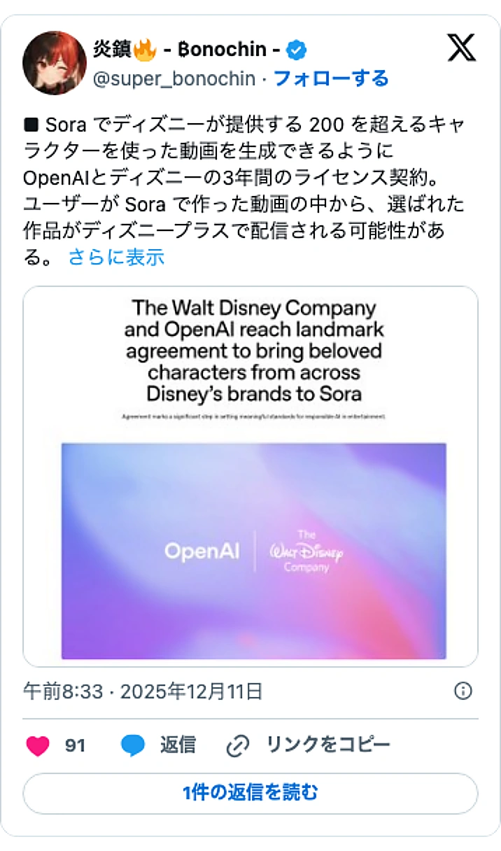 @super_bonochinのXポスト: ■ Sora でディズニーが提供する 200 を超えるキャラクターを使った動画を生成できるように OpenAIとディズニーの3年間のライセンス契約。 ユーザーが Sora で作った動画の中から、選ばれた作品がディズニープラスで配信される可能性がある。… pic.twitter.…